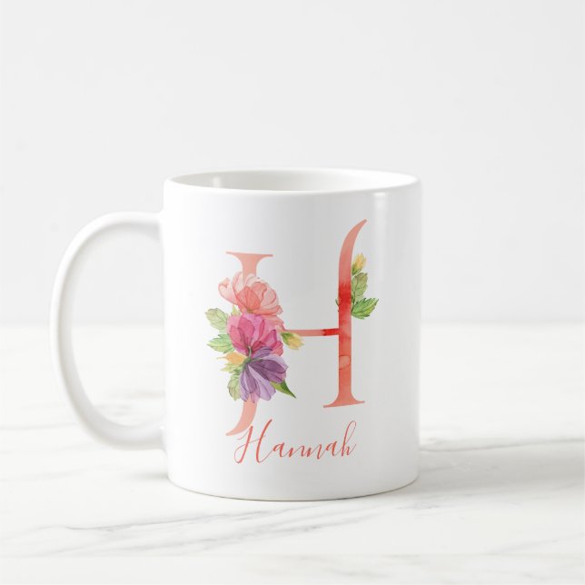 Hübscher rosa Watercolor-Buchstabe "H " Kaffeetasse (Links)