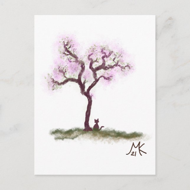 Hübscher Sakura Tree mit kleiner Katze Postkarte (Vorderseite)