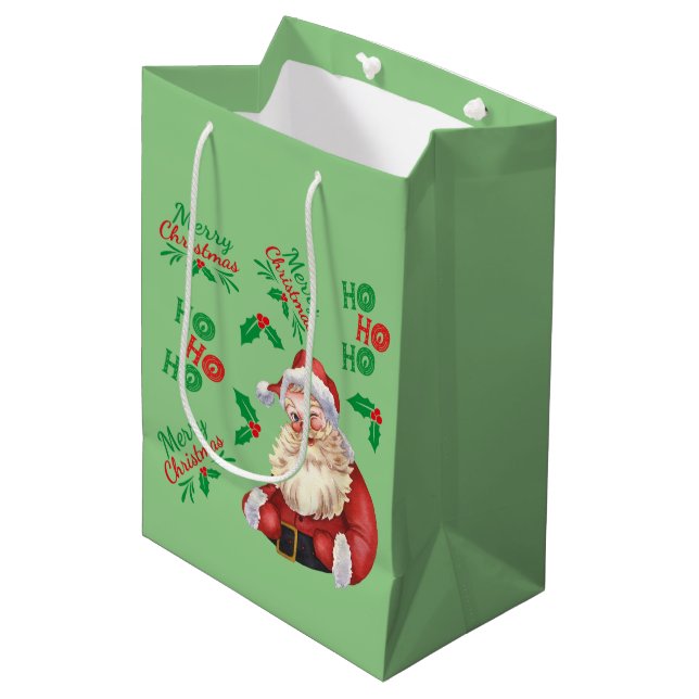 Hübscher Salbeigrün Ho Ho Ho Weihnachten Trend Mittlere Geschenktüte (Vorderseite Schrägansicht)