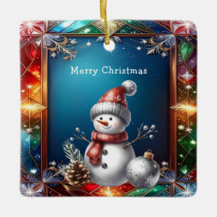Hübscher Schneemann in Buntglasrahmen-Ornament Keramikornament