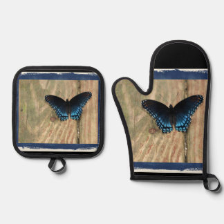 Hübscher Schwarzer Butterfly Ofenhandschuh & Topflappen-Set
