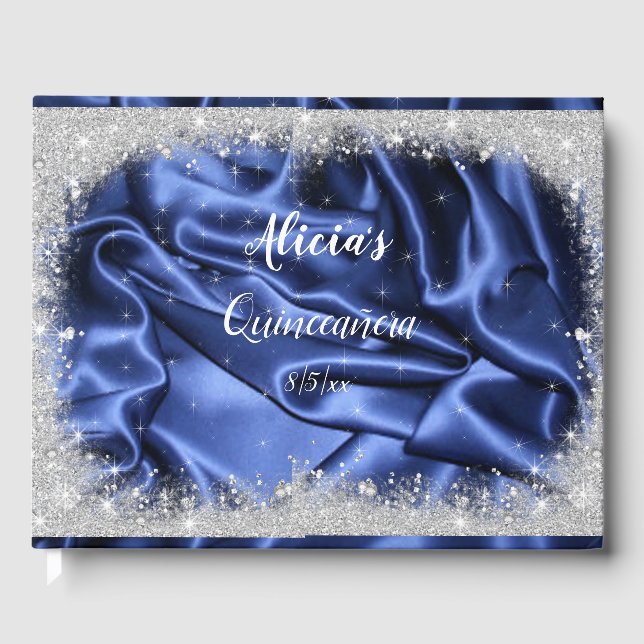 Hübscher Silver Glitzer und Blue Satin Quinceanera Gästebuch (Vorderseite)