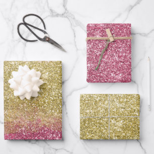 Hübscher Sparkor Gold Pink Imitate Glitzer Geschenkpapier Set