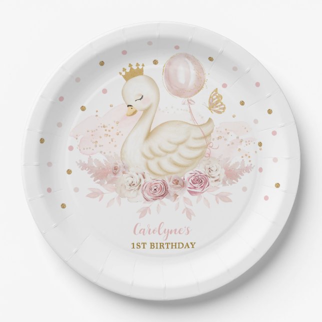 Hübscher Swan Princess Blush Gold Ballon Geburtsta Pappteller (Vorderseite)