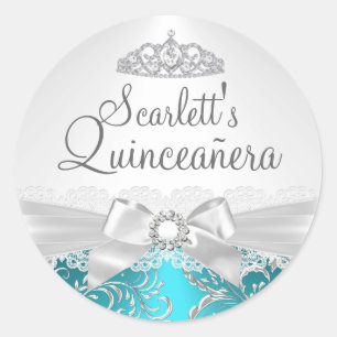 Hübscher Tiara & Bogen Türkis Quinceanera Aufklebe Runder Aufkleber