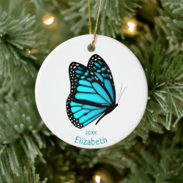 hübscher türkisfarbener Schmetterling personalisie Keramik Ornament