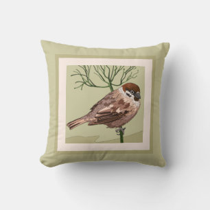 Hübscher Vogel (Carolina Wren) auf Taupe Kissen