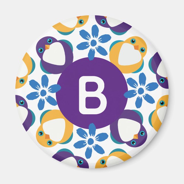 Hübscher Vögel und Blumen Kranz mit Monogramm Magnet (Vorne)