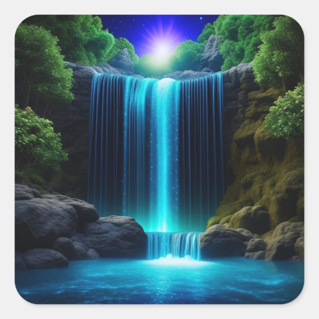 Hübscher Wasserfall in der nächtlichen Mystik Quadratischer Aufkleber (Vorderseite)