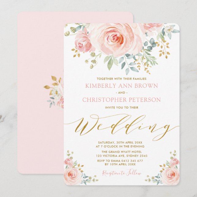 Hübscher Watercolor erröten rosa Einladung (Vorne/Hinten)