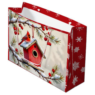 Hübscher Weihnachtskardinal und Schneeflocken-Voge Große Geschenktüte