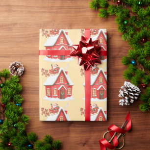 Hübscher Weihnachtsschlitten und rotes Haus Geschenkpapier