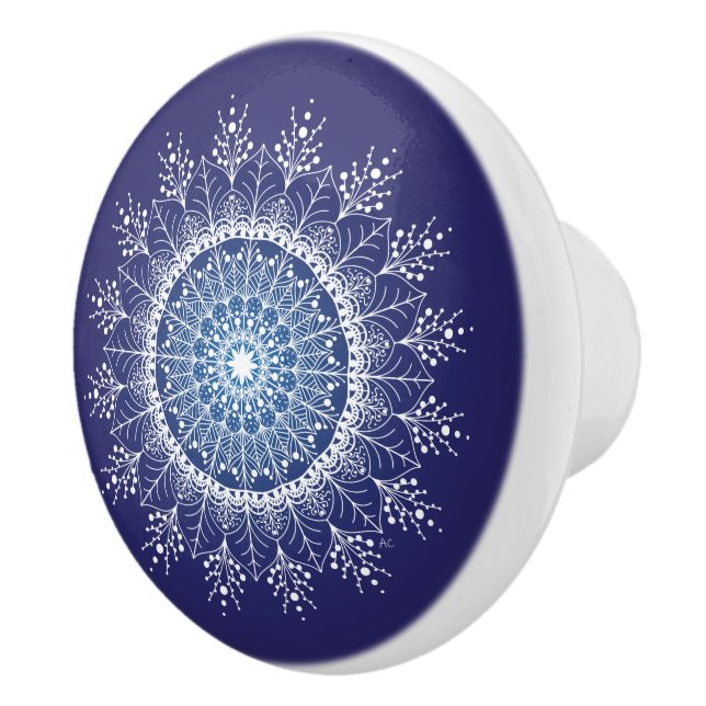 Hübscher Weißer Schneeflocken Mandala Blauer Keram Keramikknauf (Rechts)