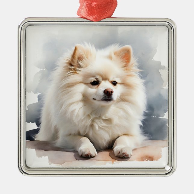 HÜBSCHER WEISSER SPITZ PUPPY HUND ORNAMENT AUS METALL (Vorne)