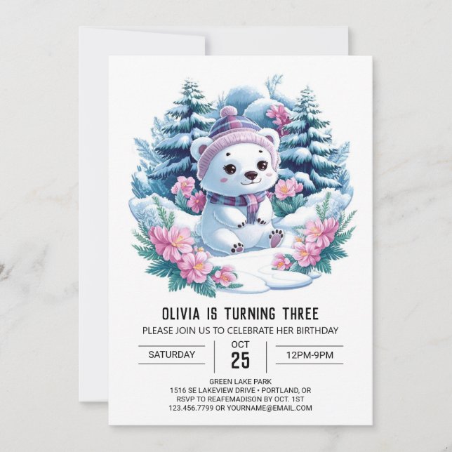 Hübscher Whimsical Polar Bear Digital Geburtstag Einladung (Vorderseite)