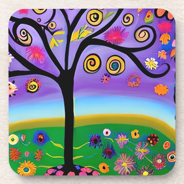 Hübscher Whimsical Tree Folk Art Generierte Kunst Getränkeuntersetzer (Vorderseite)