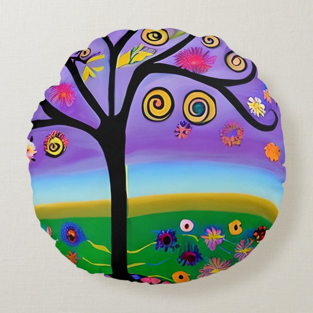 Hübscher Whimsical Tree Folk Art Generierte Kunst Rundes Kissen (Vorderseite)