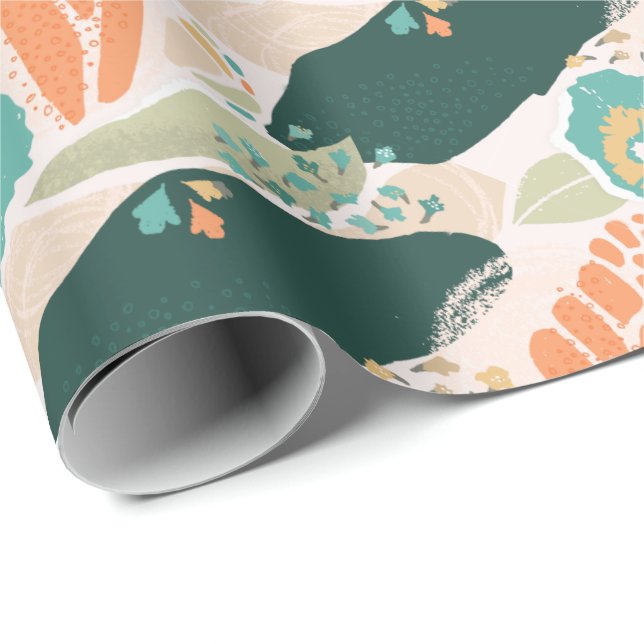 Hübsches Abstraktes Blumenmuster Aqua Green Orange Geschenkpapier (Rolleneckpunkt)