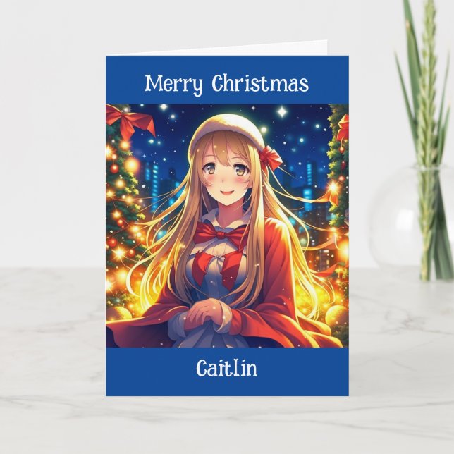 Hübsches Anime Girl am Winterweihnachtsfest Karte (Vorderseite)