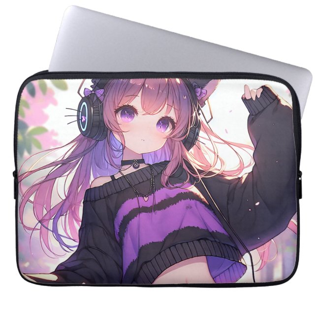 Hübsches Anime-Girl auf Kopfhörern mit Katzenohren Laptopschutzhülle (Vorderseite)