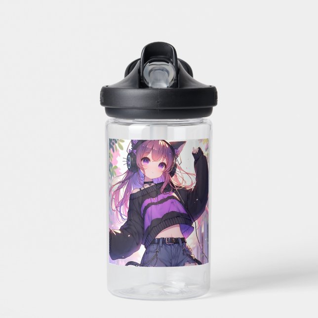 Hübsches Anime-Girl auf Kopfhörern mit Katzenohren Trinkflasche (Vorne)