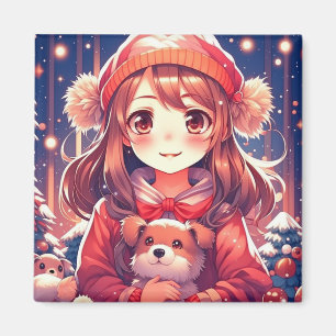 Hübsches Anime Girl mit Welpen- und Ohrmuffen Magnet