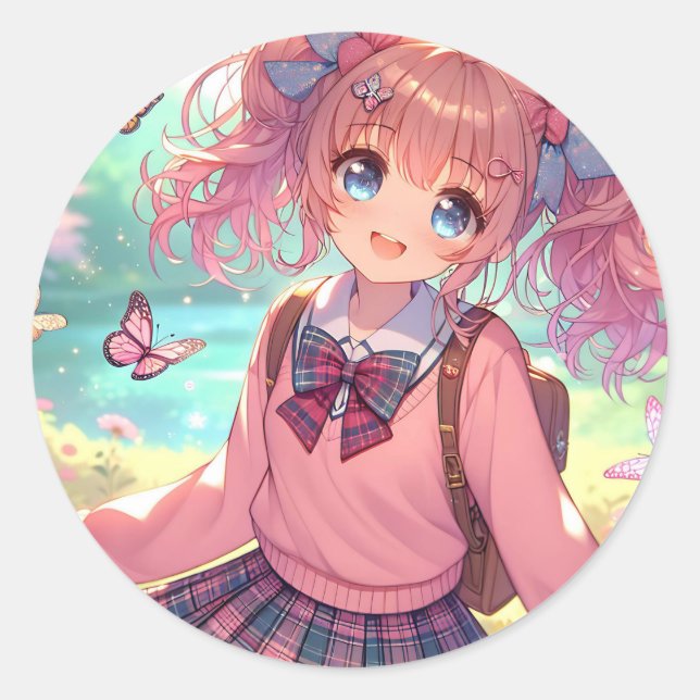 Hübsches Anime-Girl Runder Aufkleber (Vorderseite)