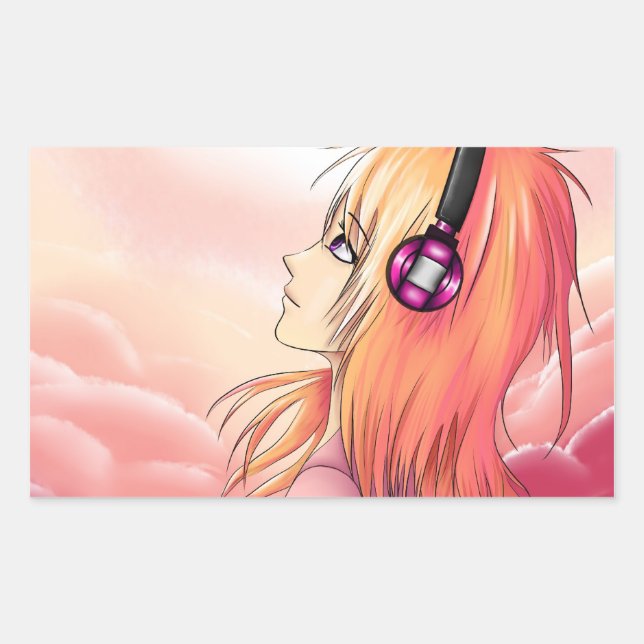 Hübsches Anime-Mädchen bei Sonnenuntergang Rechteckiger Aufkleber (Vorderseite)