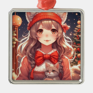 Hübsches Anime-Mädchen hält Weihnachts-Kätzchen Ornament Aus Metall