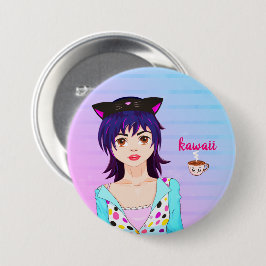 Hübsches Anime-Mädchen und Kawaii-Tasse Kaffee Button