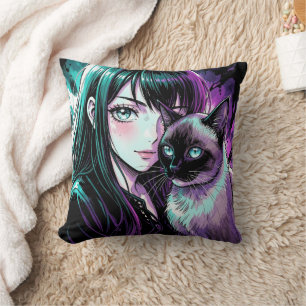 Hübsches Anime-Mädchen und Siamkatze Kissen
