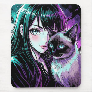 Hübsches Anime-Mädchen und Siamkatze Mousepad