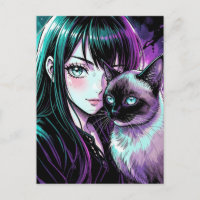 Hübsches Anime-Mädchen und Siamkatze
