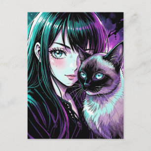 Hübsches Anime-Mädchen und Siamkatze Postkarte
