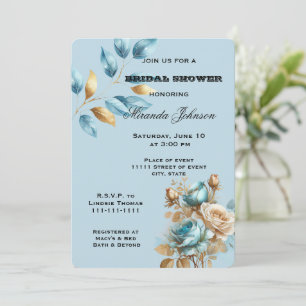 Hübsches Aqua Blue Gold Elfenbeinblume Brautparty Einladung