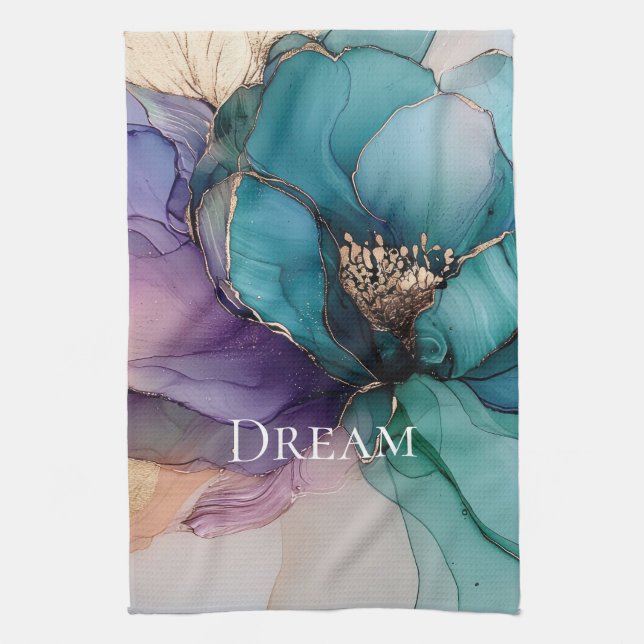 Hübsches Aqua Blue Lila Gold Floral Geschirrtuch (Vertikal)
