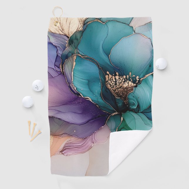 Hübsches Aqua Blue Lila Gold Floral Golfhandtuch (Insitu)