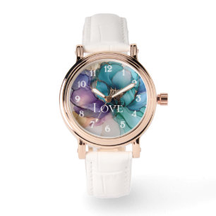 Hübsches Aqua Blue Lila Gold Floral Liebe Armbanduhr