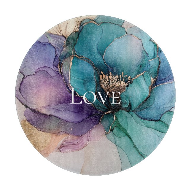 Hübsches Aqua Blue Lila Gold Floral Liebe Schneidebrett (Vorderseite)