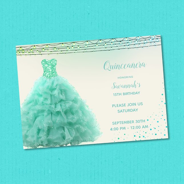 Hübsches Aqua Green Gown Under Lights Quinceanera Einladung (Von Creator hochgeladen)