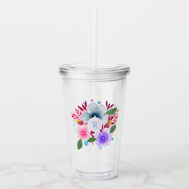 Hübsches Aquarellfarben-Bouquet Monogramm Acryltrinkbecher (Vorderseite)