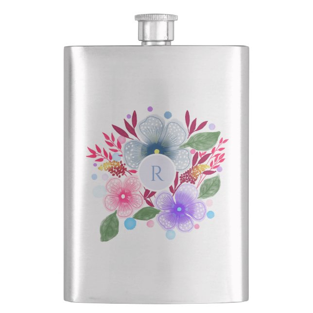 Hübsches Aquarellfarben-Bouquet Monogramm Flachmann (Vorderseite)