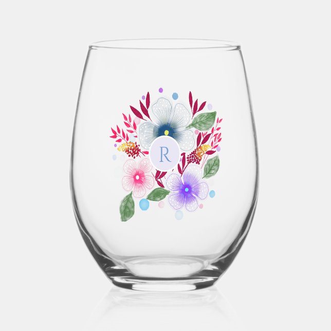Hübsches Aquarellfarben-Bouquet Monogramm Weinglas Ohne Stiel (Vorderseite)