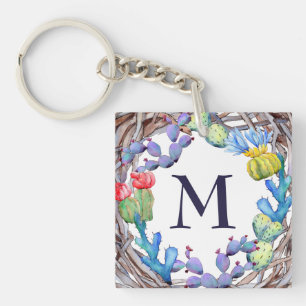 Hübsches Aquarellfarben-Kaktusmonogramm Schlüsselanhänger