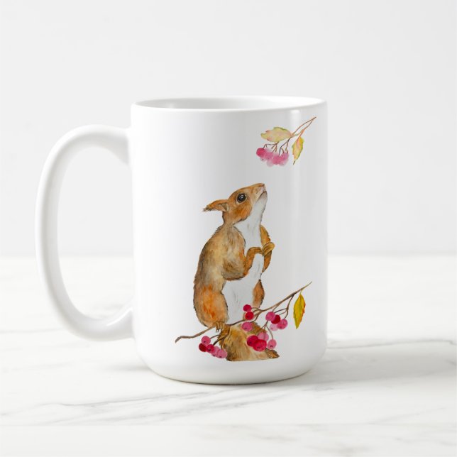 Hübsches Aquarellhörnchen auf einem Zweig mit Beer Kaffeetasse (Links)