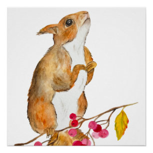 Hübsches Aquarellhörnchen auf einem Zweig mit Beer Poster