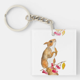 Hübsches Aquarellhörnchen auf einem Zweig mit Beer Schlüsselanhänger