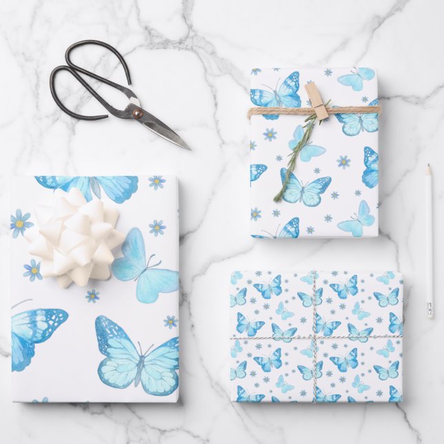 Hübsches Baby Blue Butterfly Blumenmuster Design Geschenkpapier Set (Vorderseite)