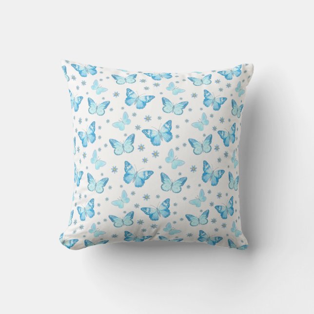 Hübsches Baby Blue Butterfly Blumenmuster Design Kissen (Vorderseite)