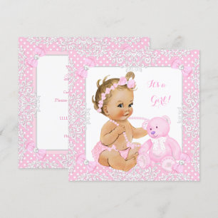 Hübsches Baby-Shower-Mädchen Spitze Rosa Bär Blond Einladung
